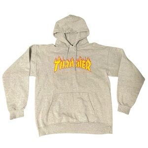 Thrasher Magazine Hoodie Men's Small Gray Yellow Flames Skater Sweatshirt Grunge